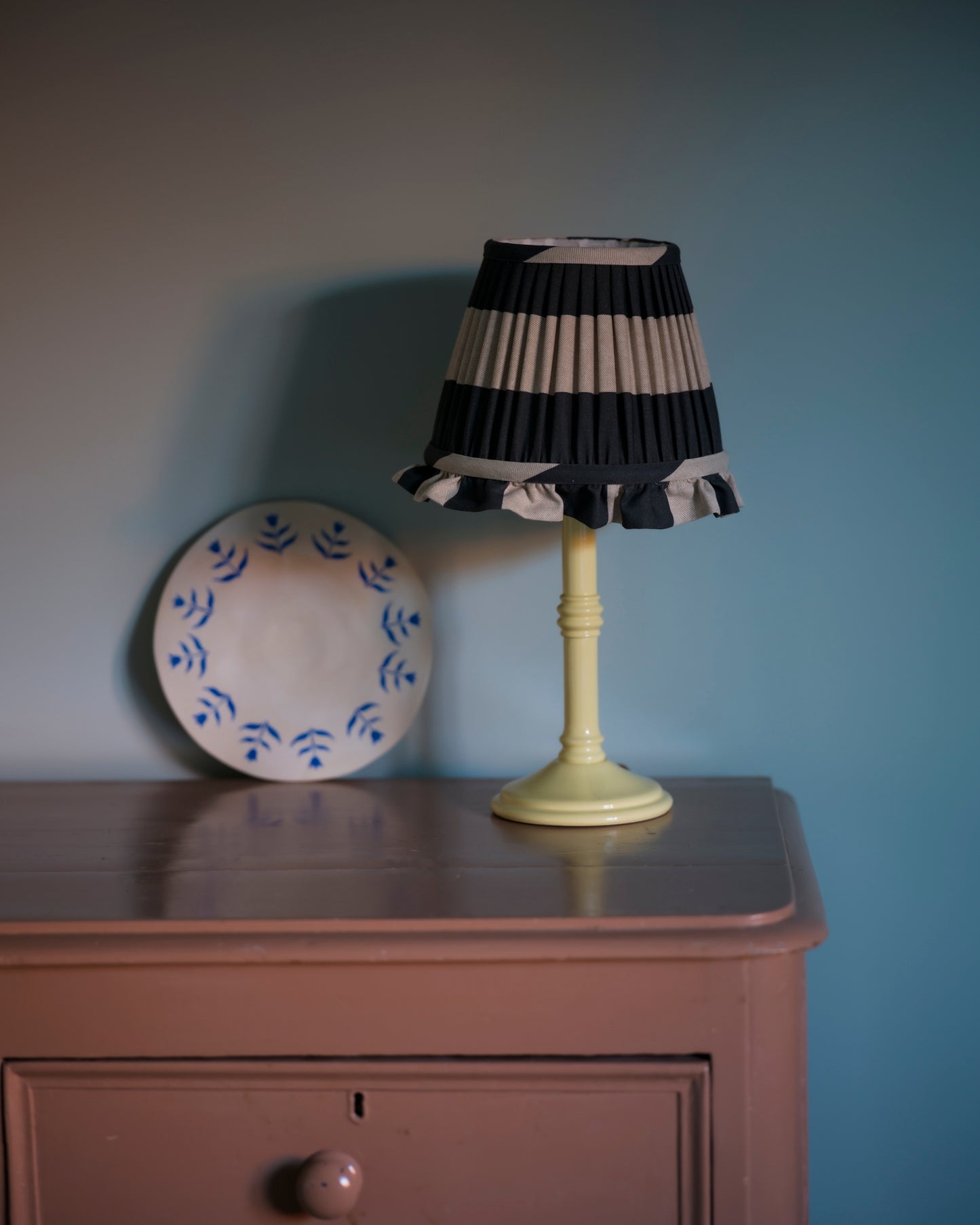 Luxury cotton lampshade in blackberry with lampstand on drawers