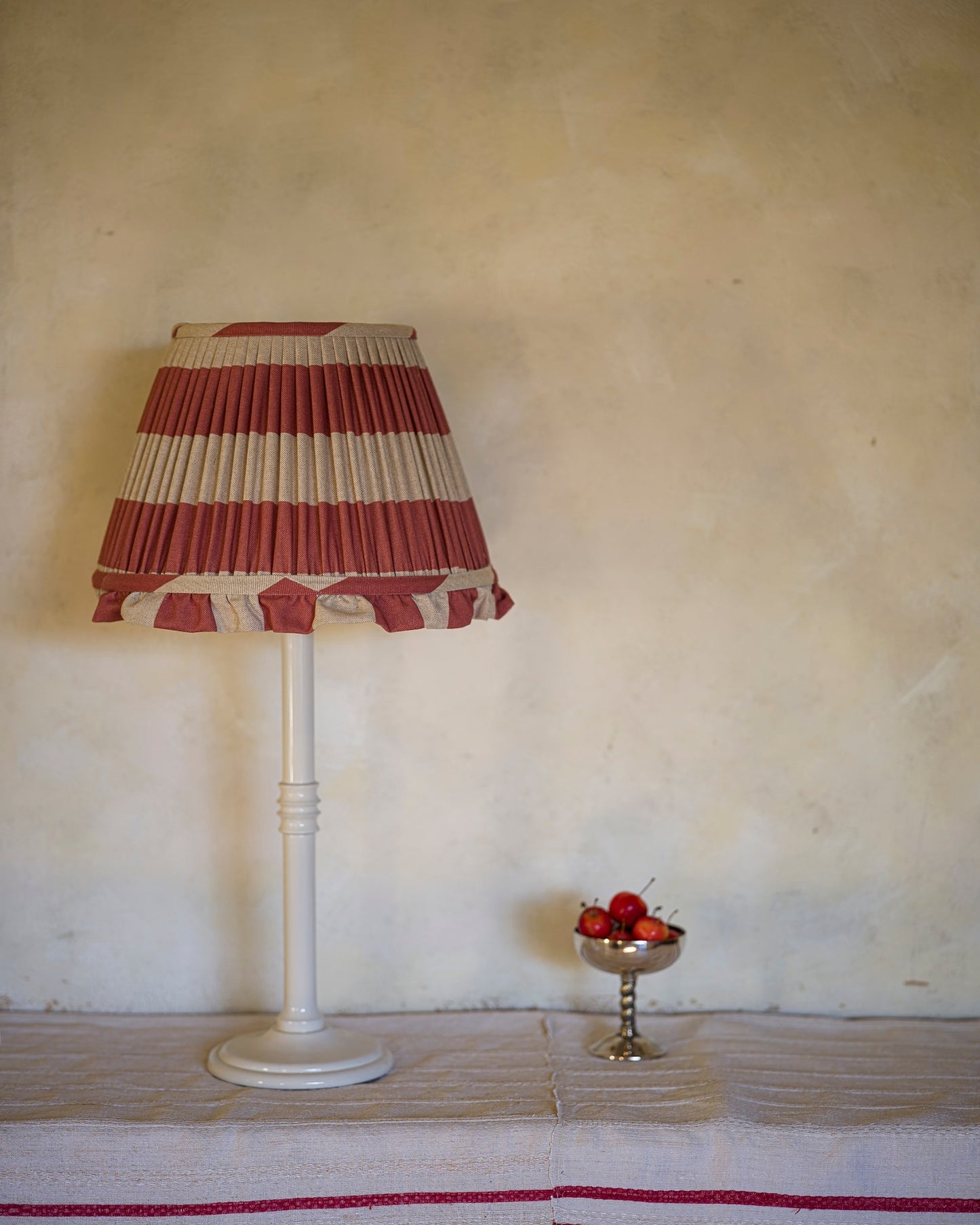 Luxury cotton lampshade in crabapple on lampstand