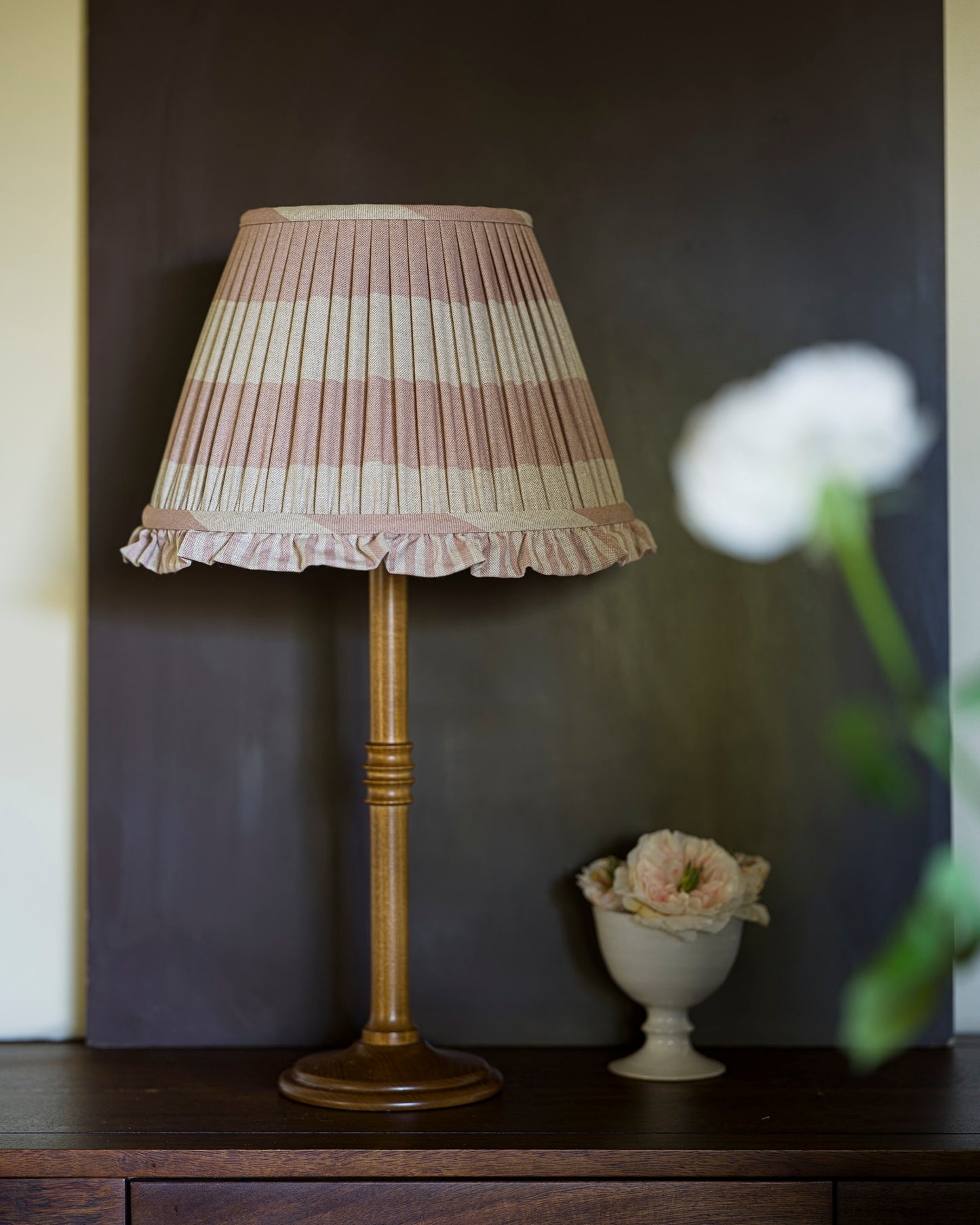 Luxury cotton lampshade in old rose on a lampstand