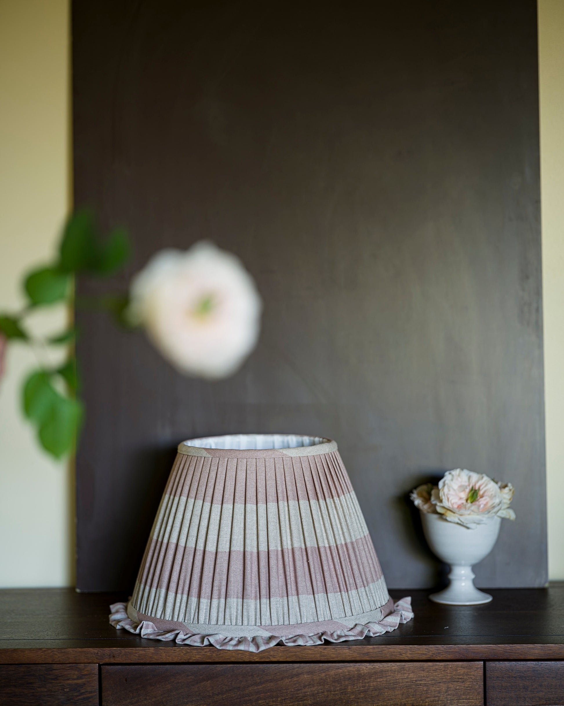 Luxury cotton lampshade in old rose on drawers