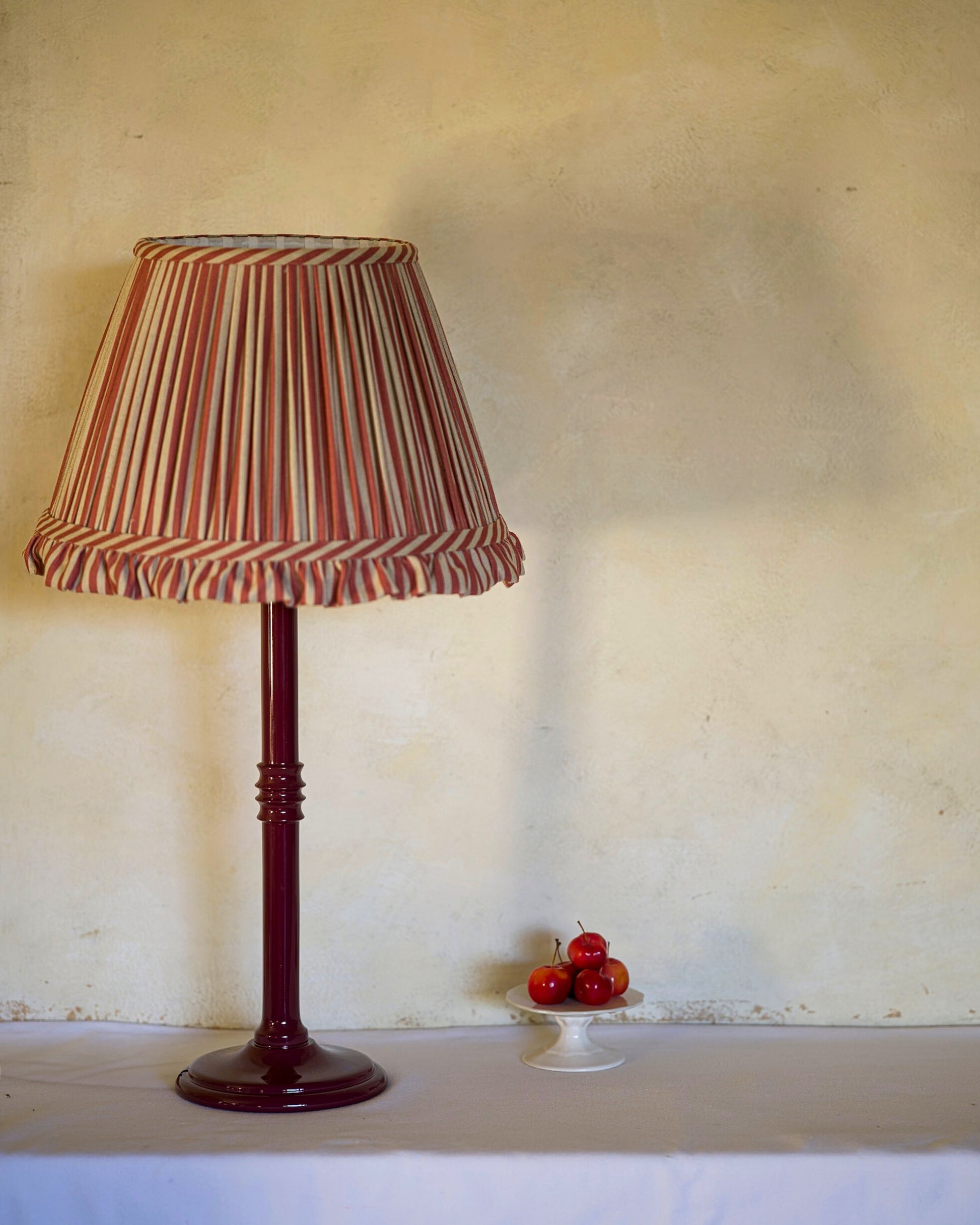 Luxury fine striped lampshade in crabapple on lampstand