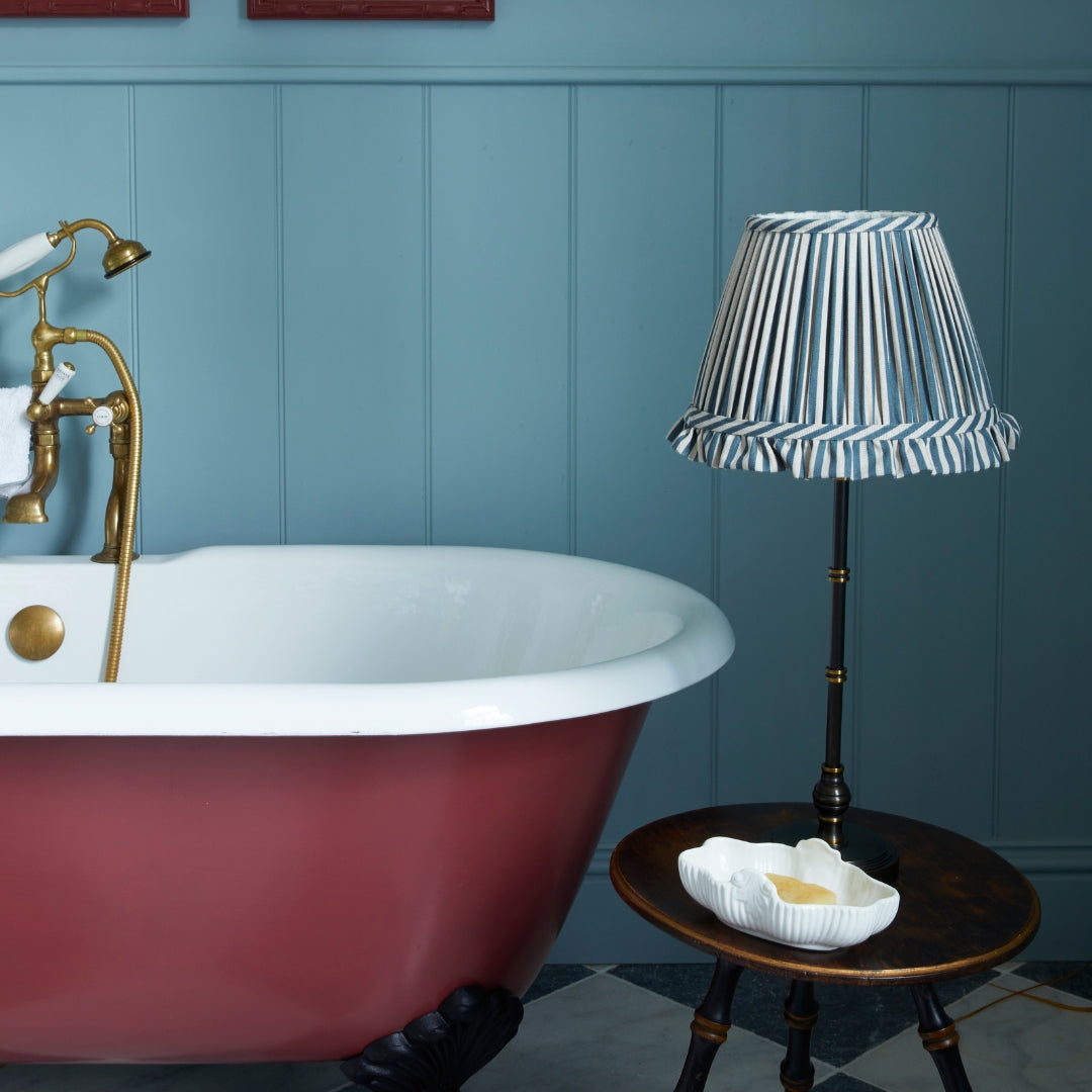 Luxury frilled lampshade in delphinium on table