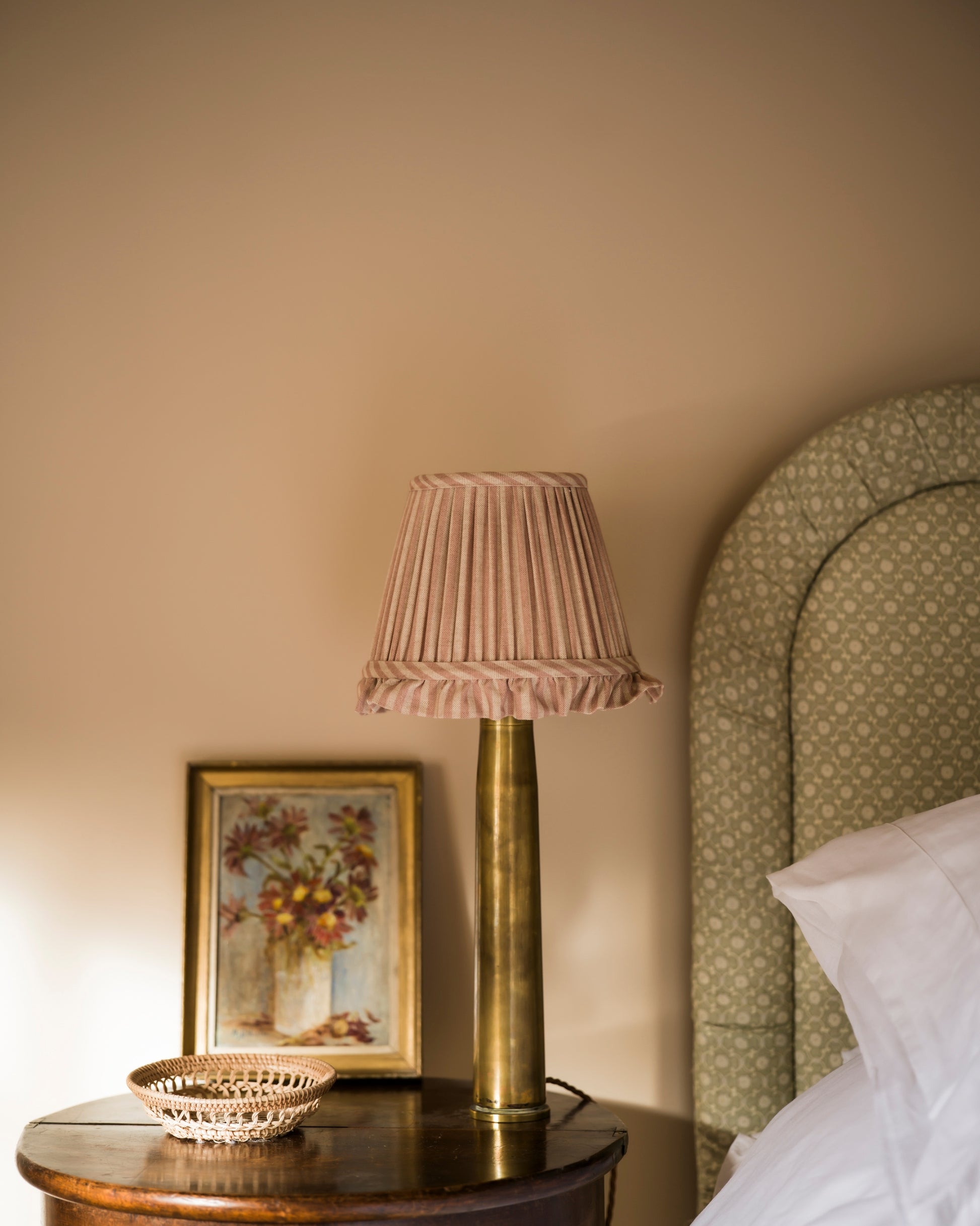 Luxury frilled lampshade in old rose on lampstand