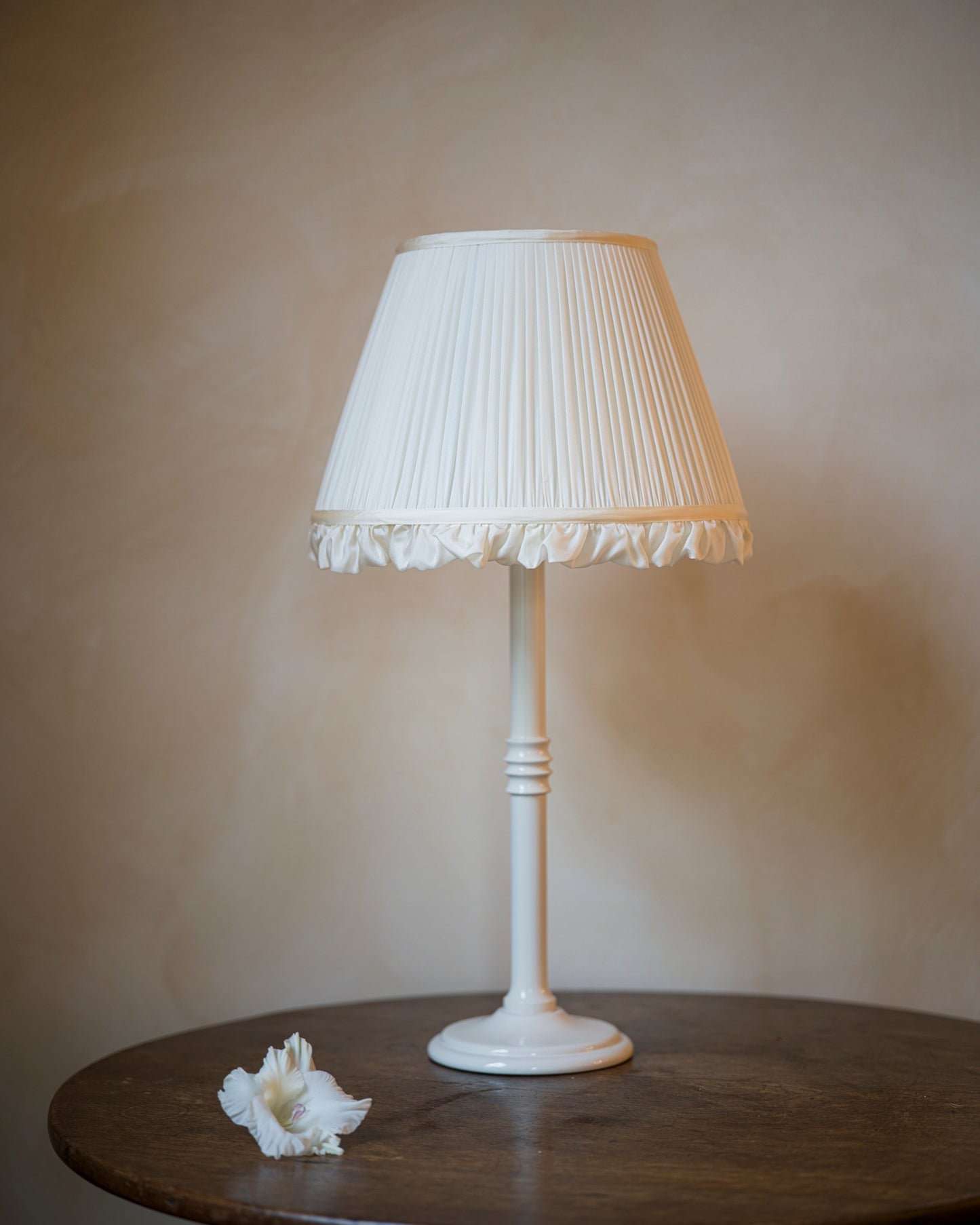 Luxury silk frill lampshade in iris on lampstand
