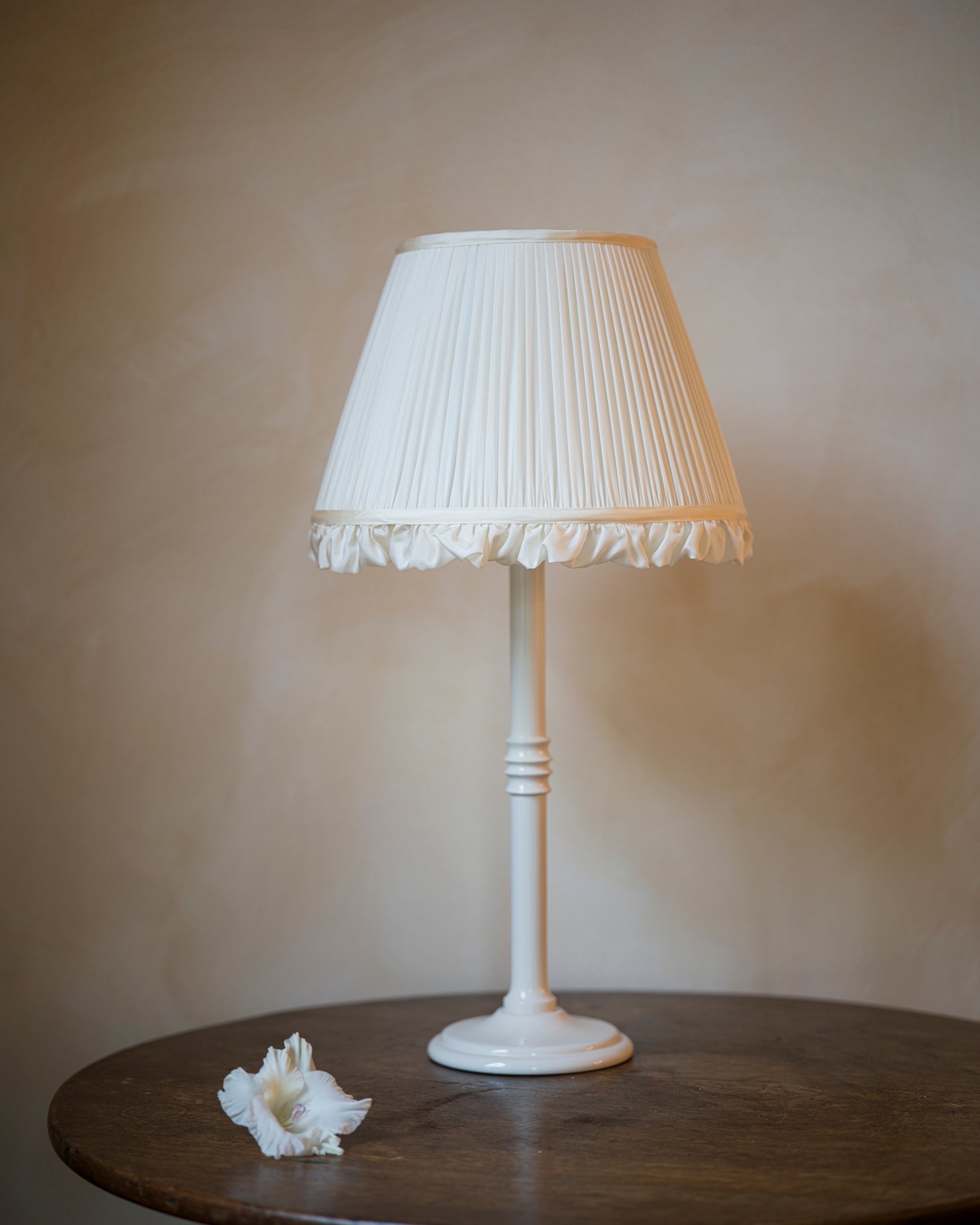 Luxury silk frill lampshade in iris on lampstand