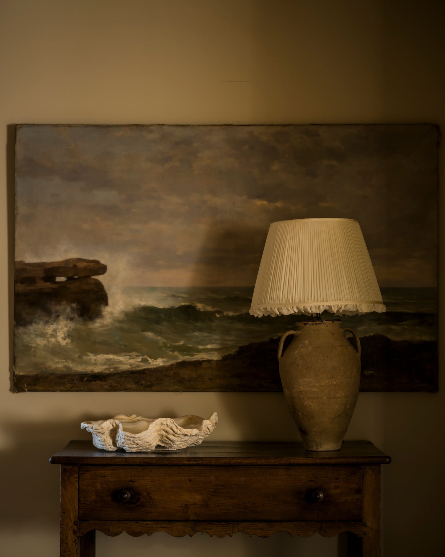 Frilly lampshade in iris on drawers