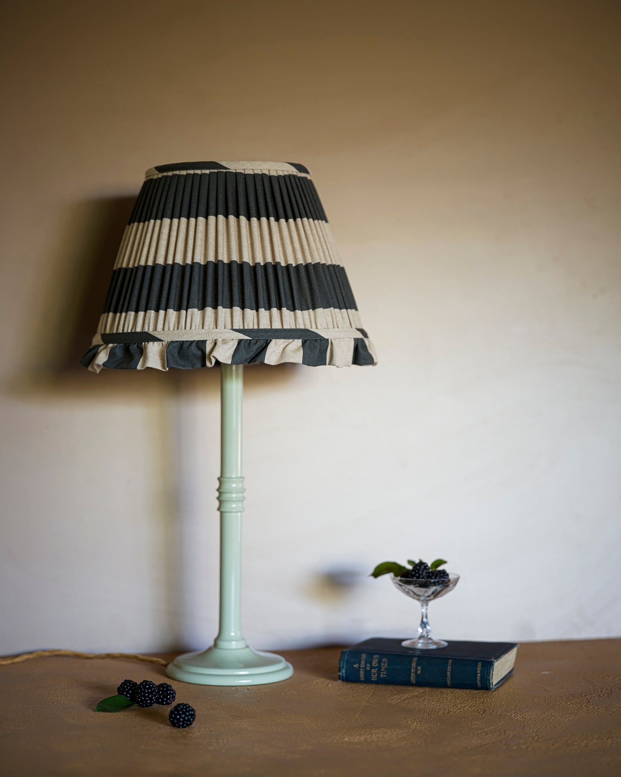 Luxury cotton lampshade in blackberry on lampstand