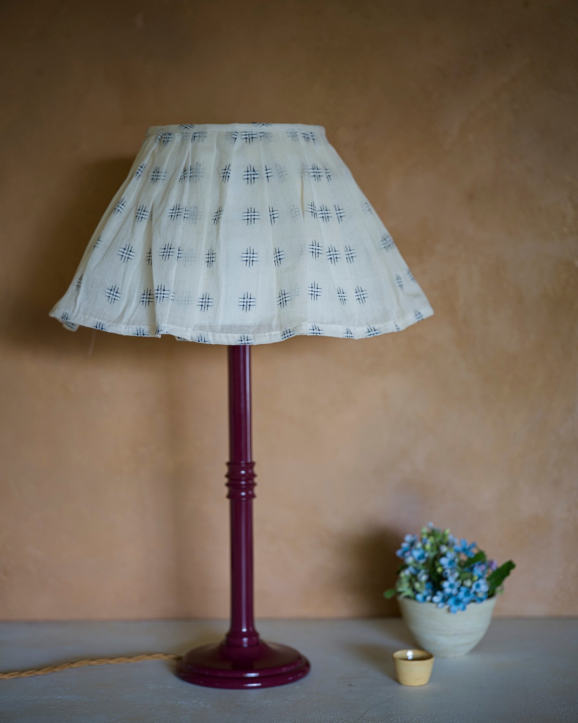 Luxury embroidered lampshade in cornflower on lampstand