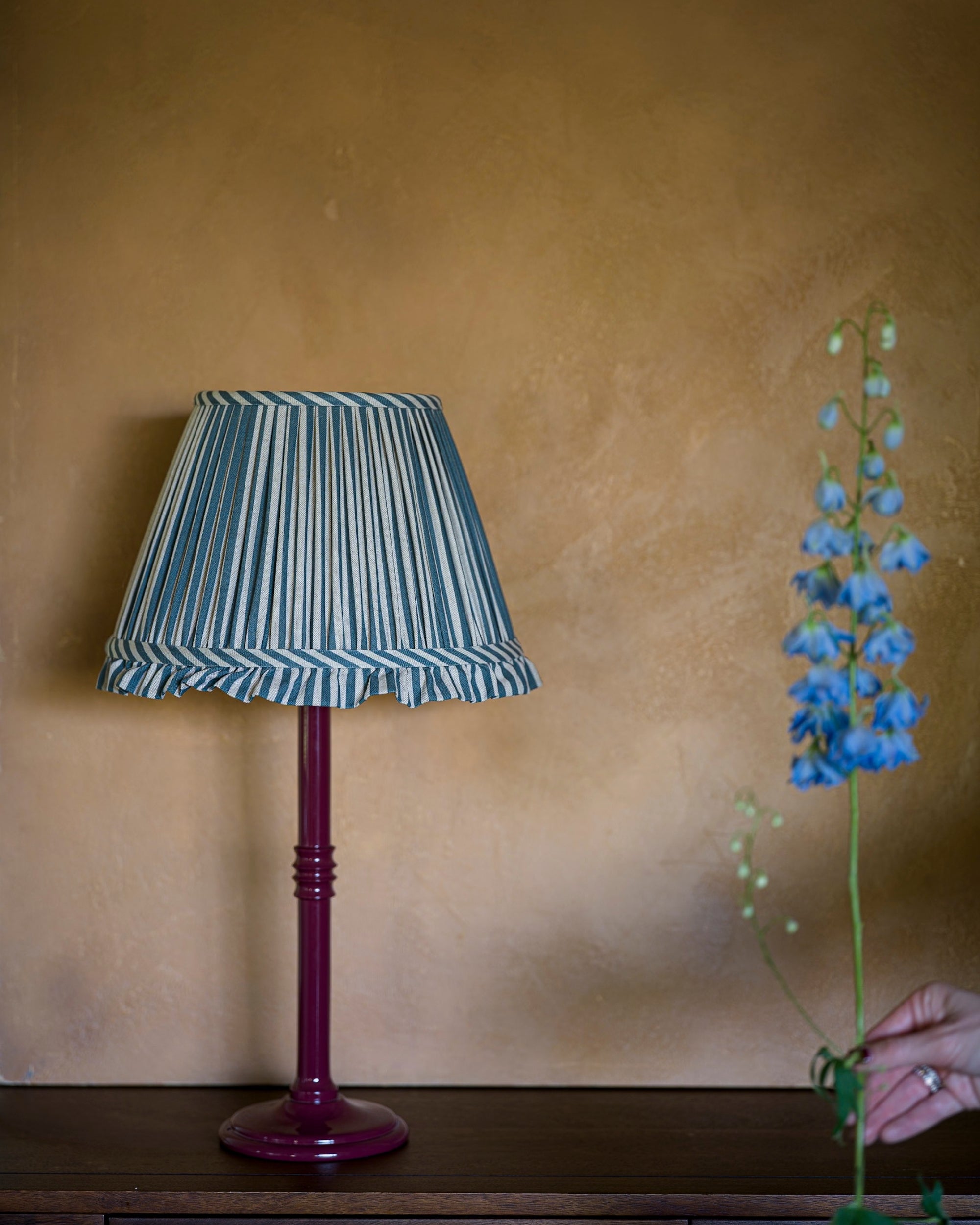 Luxury frilled lampshade in delphinium on lampstand