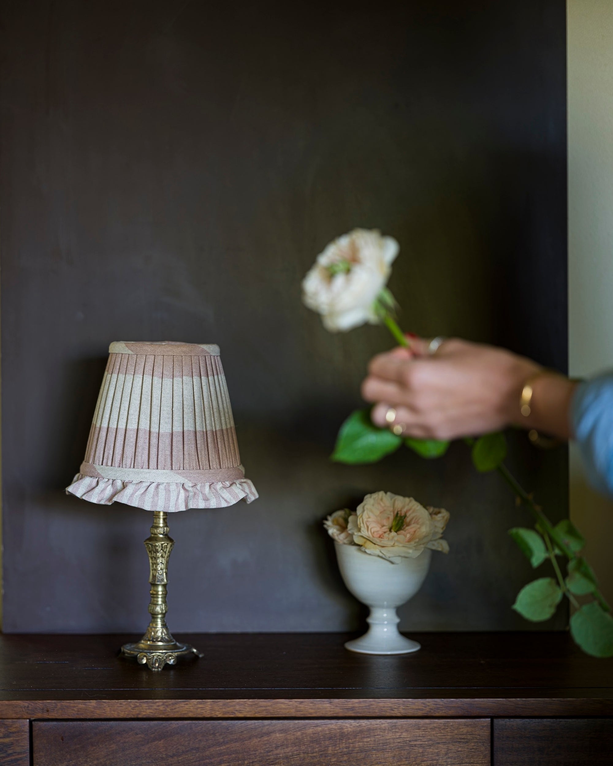 Wall light lampshade in old rose on lampstand